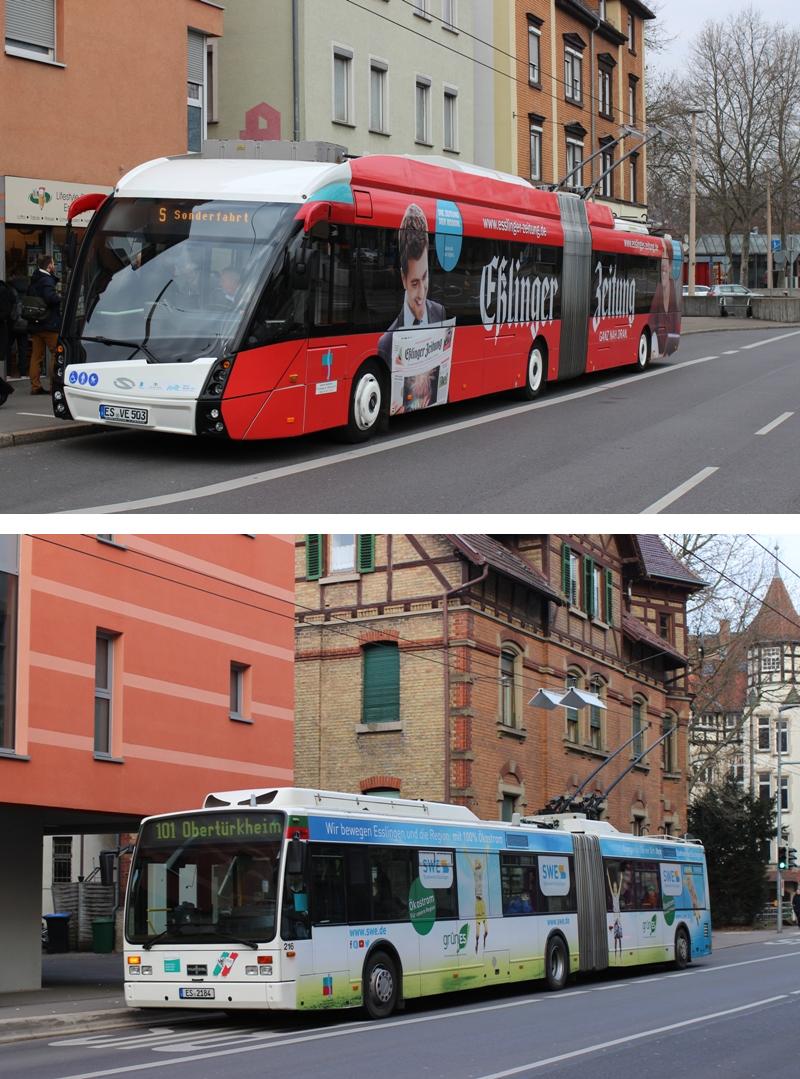 oben: Wagen 503 am 8.2.17 drahtet auf Vorführfahrt auf der Weilstraße ein, im Hintergrund die Einmündung der Stuttgarter Straße, in die die Fahrleitung für elektrische Bedienung der Linien 102/103 erweitert werden soll. unten: Der Ersatz der 6 verbliebenen VanHool-Gelenkwagen 210-213 ist in den Jahren 2018/2019 vorgesehen, eine entsprechende Veröffentlichung einer Ausschreibung über sechs weitere Hybrid-Trolleybussen ist im August 2017 geplant. Aufnahmen: Jürgen Lehmann, 8.2.2017