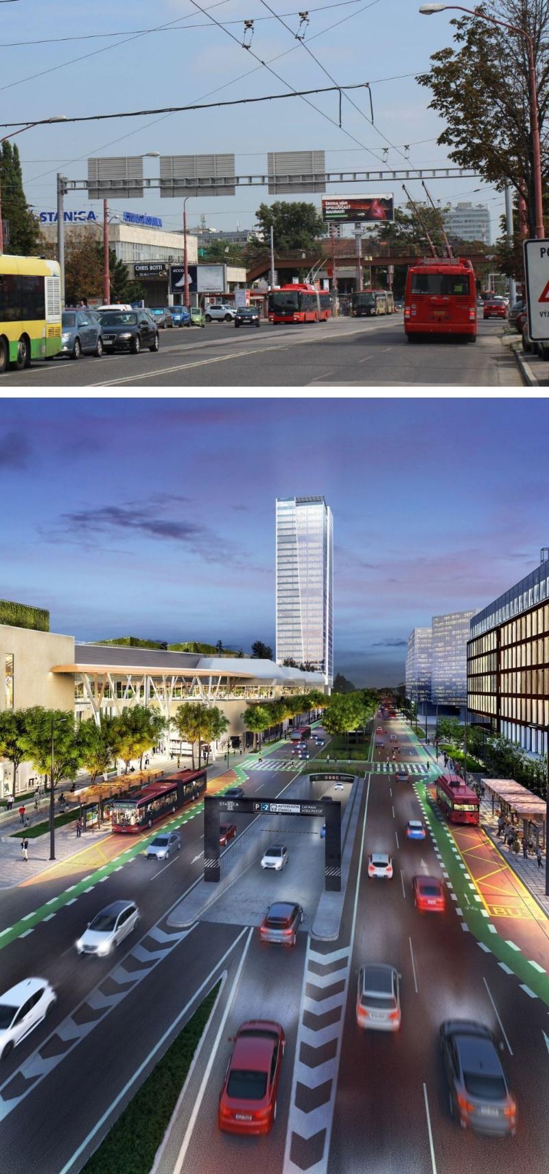 oben: Blick in die Straße Mlynské nivy im September 2015, links der ehemalige Autobusbahnhof. Aufnahme: J. Lehmann  // unten: Planung der Straße nach Fertigstellung der Neubauten, aus: